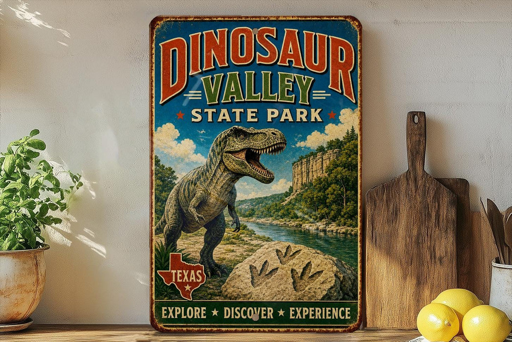 A vintage-style sign for Dinosaur Valley State Park, featuring a large illustration of a T-Rex dinosaur in a natural landscape.