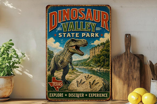 A vintage-style sign for Dinosaur Valley State Park, featuring a large illustration of a T-Rex dinosaur in a natural landscape.
