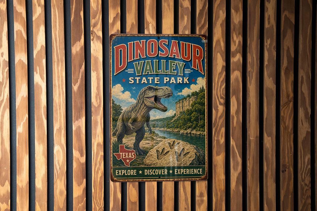 A vintage-style metal sign for Dinosaur Valley State Park, featuring a large illustration of a T-Rex dinosaur and the park's name.