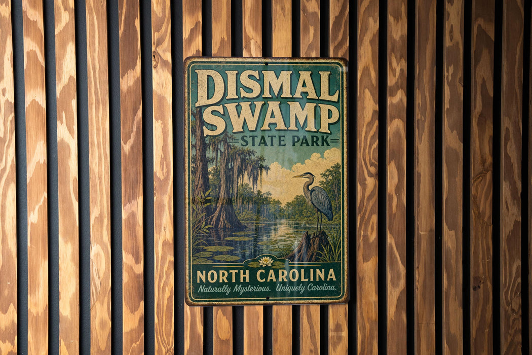 A vintage-style metal sign for Dismal Swamp State Park in North Carolina, featuring a bird and a swampy landscape.