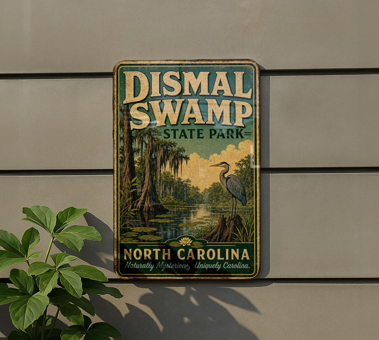 a vintage-style sign for Dismal Swamp State Park in North Carolina, with a bird illustration and a serene landscape of a swamp and water.