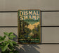 a vintage-style sign for Dismal Swamp State Park in North Carolina, with a bird illustration and a serene landscape of a swamp and water.