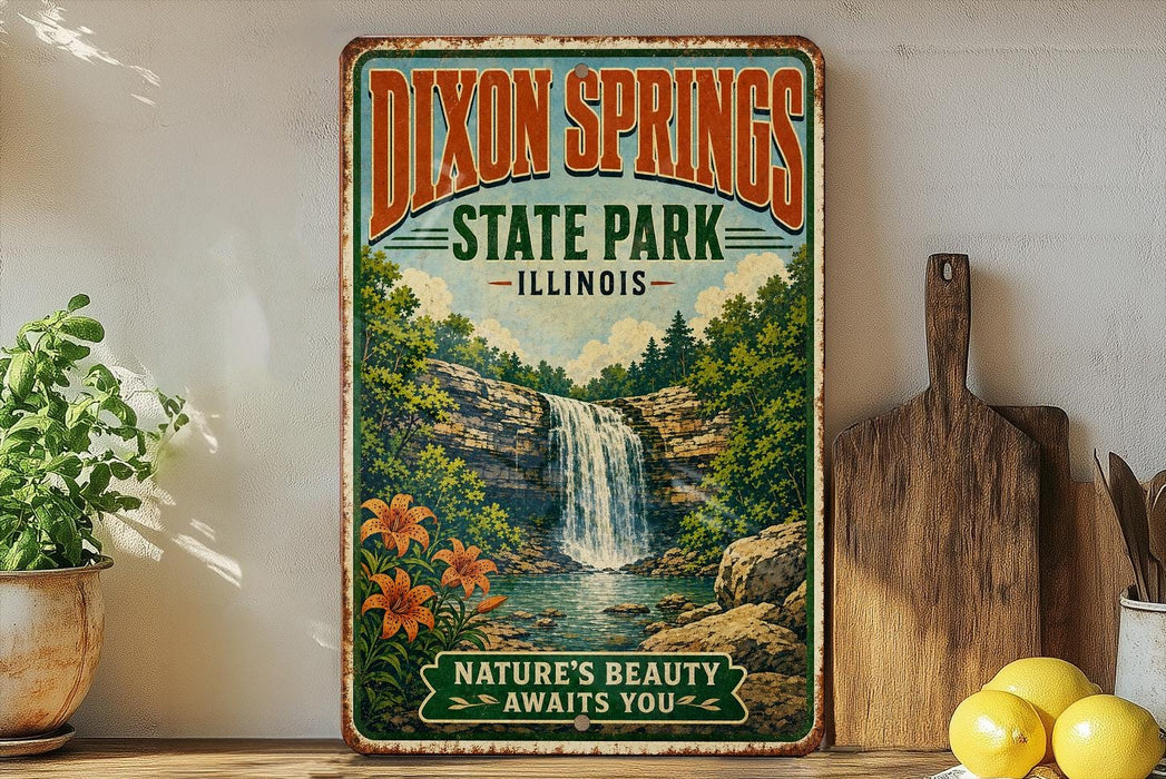 A vintage-style sign for Dixon Springs State Park in Illinois, featuring a waterfall and lush greenery, is displayed on a shelf next to a wooden cutting board and some potted plants.