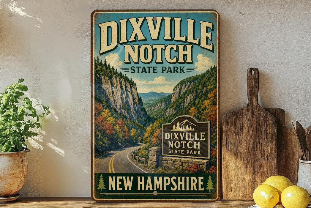 a vintage-style sign for Dixville Notch State Park in New Hampshire, with a scenic mountain landscape and a road winding through the valley.