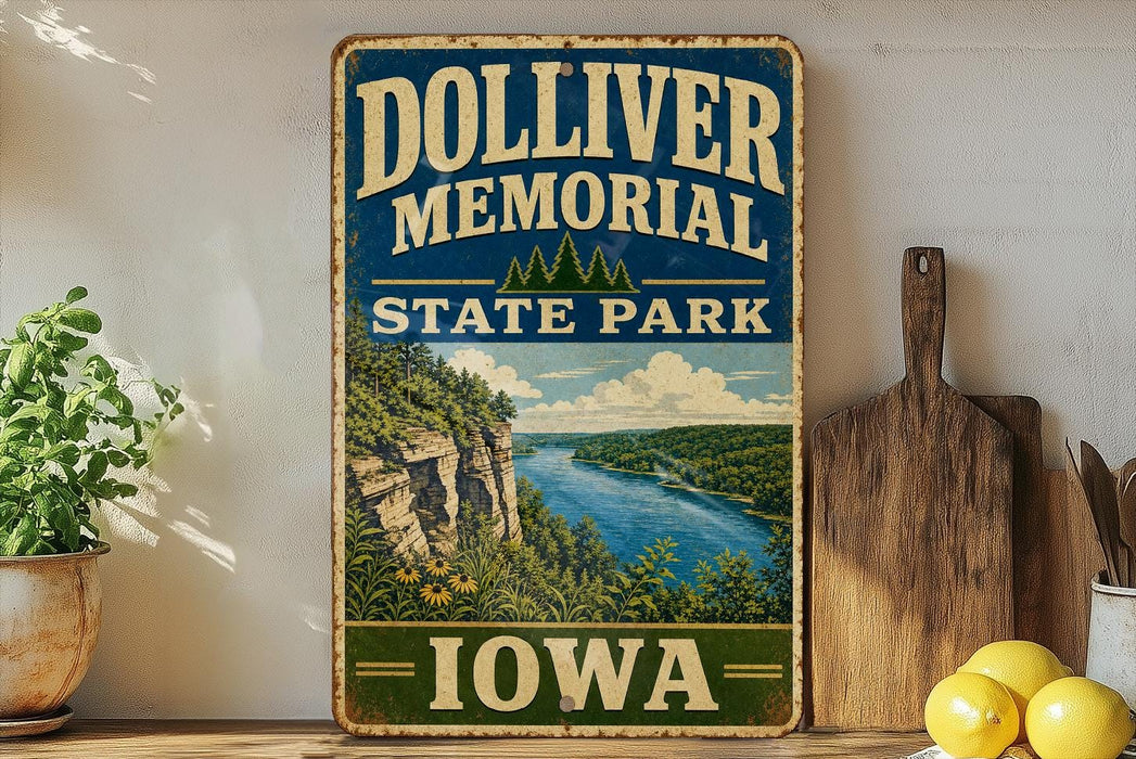 A vintage-style sign for Dolliver Memorial State Park in Iowa, featuring a scenic landscape with a river and mountains.