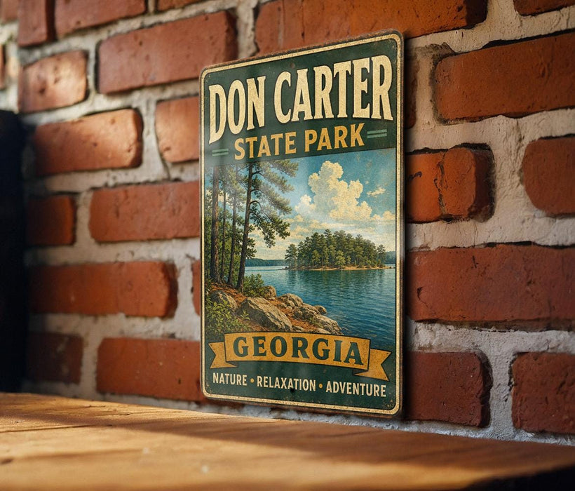 A vintage-style metal sign for Don Carter State Park in Georgia, featuring a scenic landscape with a lake and trees.
