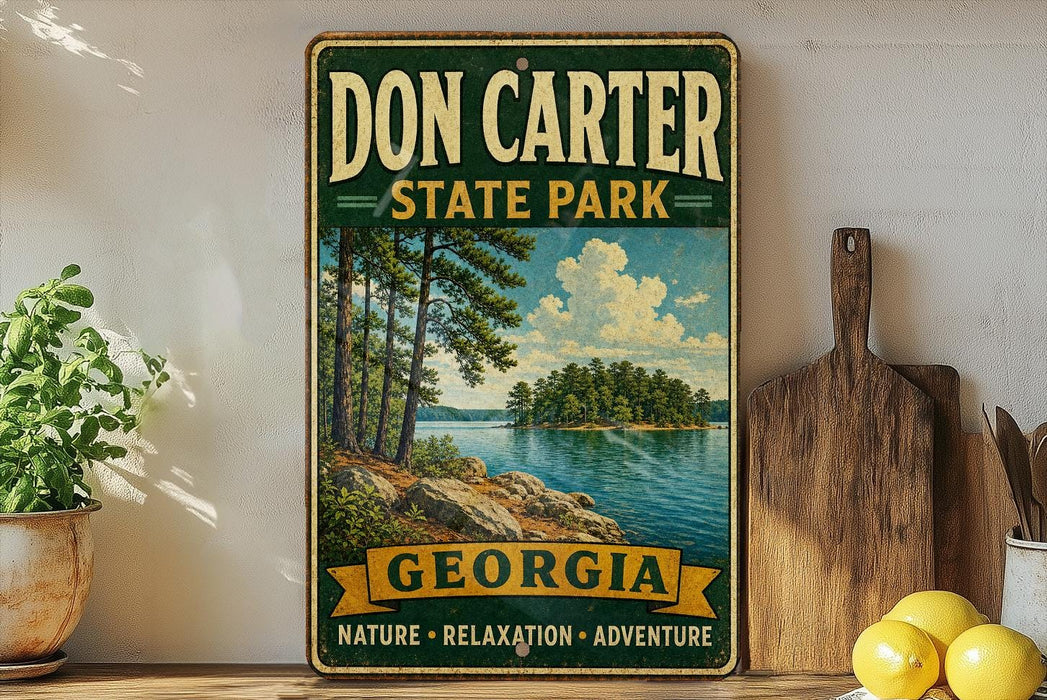 A vintage-style sign for Don Carter State Park in Georgia, featuring a scenic landscape with a lake and trees.