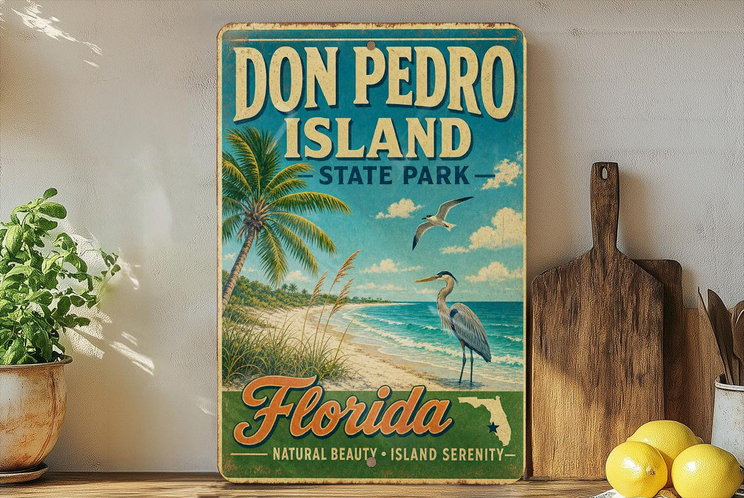 a vintage-style sign for Don Pedro Island, Florida, with a beach scene and a bird in flight.