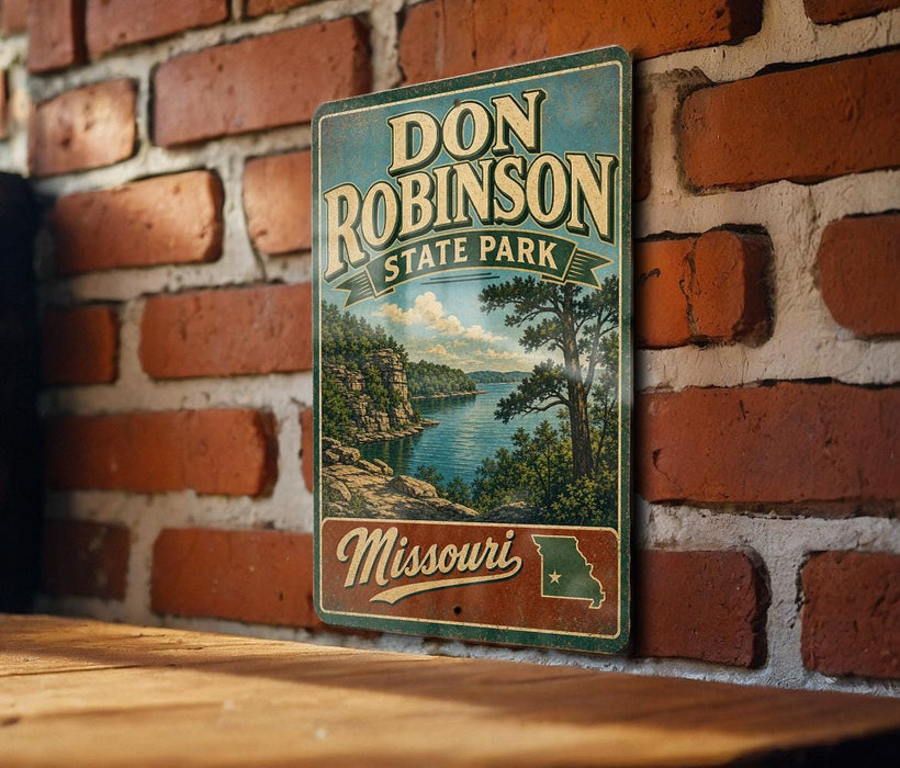 A vintage-style sign for Don Robinson State Park in Missouri, featuring a scenic landscape with a lake and mountains.