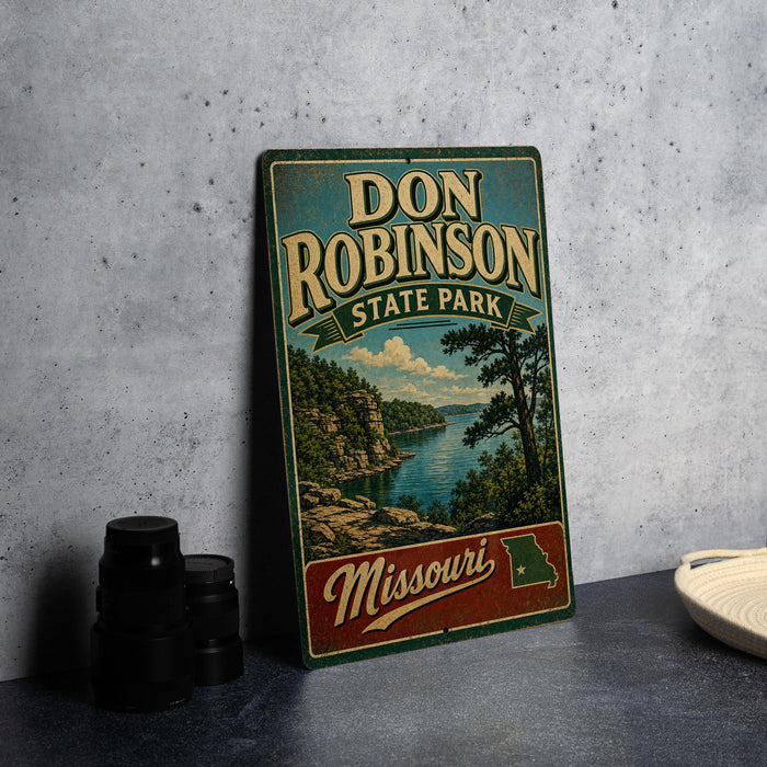 A vintage metal sign for Don Robinson State Park in Missouri, featuring a scenic landscape with a lake and mountains.