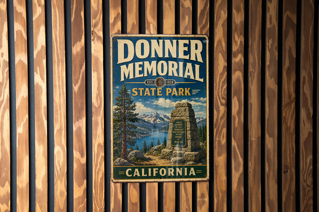 a vintage-style sign for Donner Memorial State Park in California, mounted on a wooden wall.
