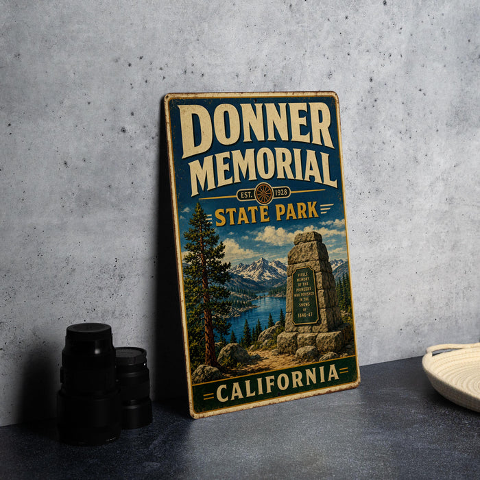 A vintage-style sign for Donner Memorial State Park in California, featuring a scenic landscape with mountains, pine trees, and a lake.