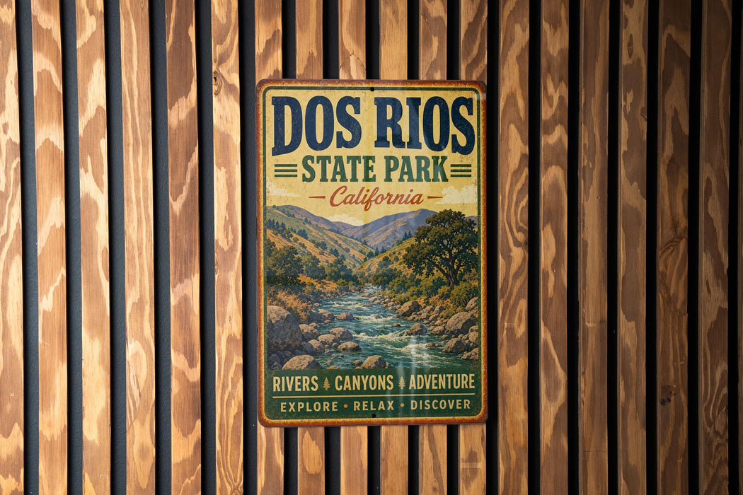 A vintage metal sign for Dos Rios State Park in California, featuring a scenic image of a river and mountains.