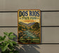 a vintage-style metal sign for the state park, with a scenic illustration of a river and mountains.