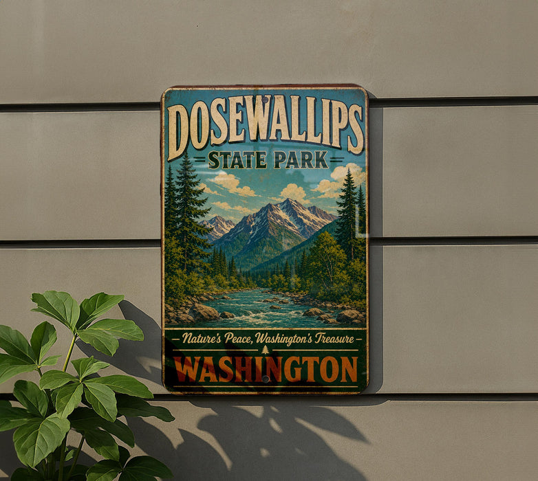 A vintage-style metal sign for Dosewallips State Park in Washington, featuring a scenic mountain landscape with pine trees and a river.