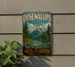 A vintage-style metal sign for Dosewallips State Park in Washington, featuring a scenic mountain landscape with pine trees and a river.