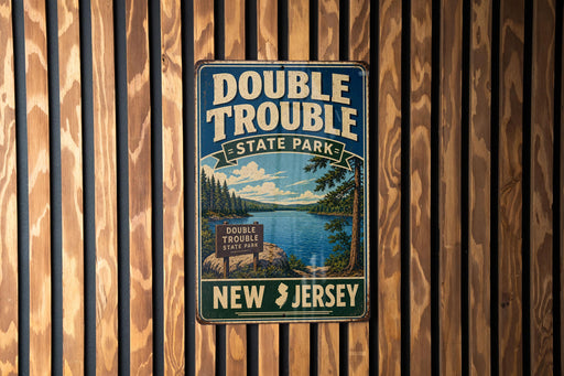 A vintage-style metal sign for Double Trouble State Park in New Jersey, featuring a scenic landscape with a lake and mountains.