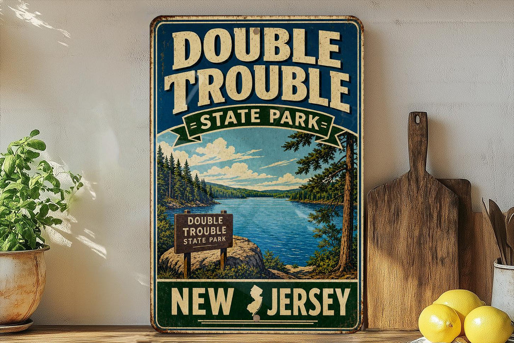 A vintage-style sign for Double Trouble State Park in New Jersey, featuring a scenic landscape with a lake and pine trees.