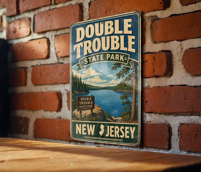 A vintage-style metal sign for Double Trouble State Park in New Jersey, featuring a scenic landscape with a lake and mountains.