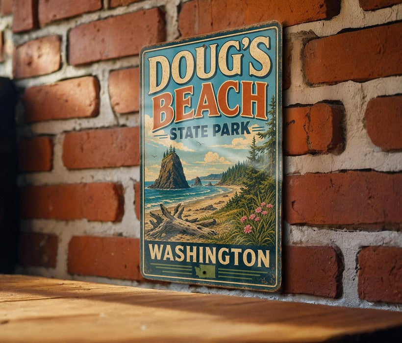 A vintage-style metal sign for Doug's Beach State Park in Washington, featuring a scenic landscape with a mountain, beach, and ocean.