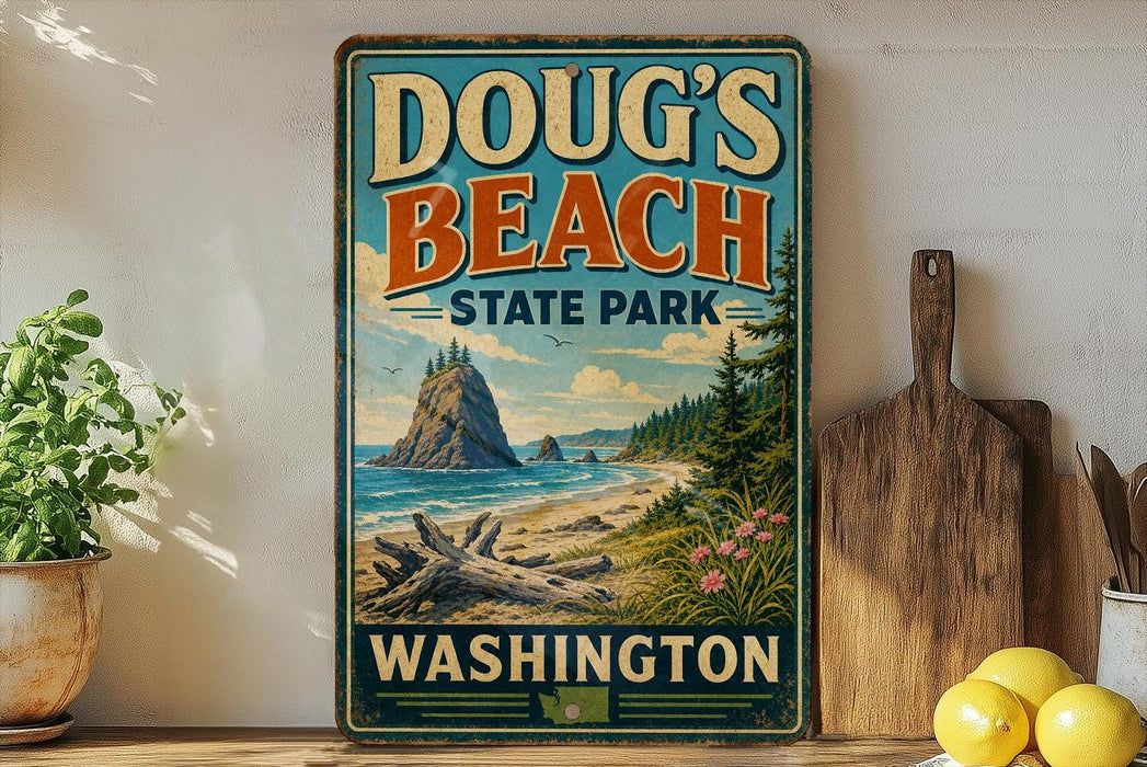 A vintage-style sign for Doug's Beach State Park in Washington, featuring a scenic landscape with a rocky outcrop, beach, and pine trees.