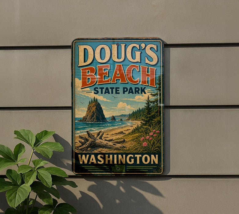 A vintage-style metal sign for Doug's Beach State Park in Washington, featuring a scenic landscape with a mountain, beach, and pine trees.