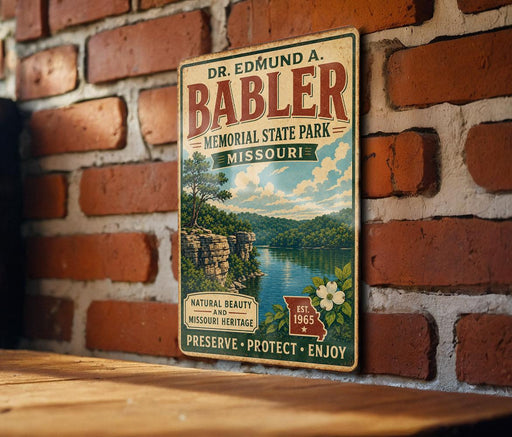 A vintage-style metal sign for Dr. Edmund A. Babler Memorial State Park in Missouri, featuring a scenic landscape with a lake and mountains.