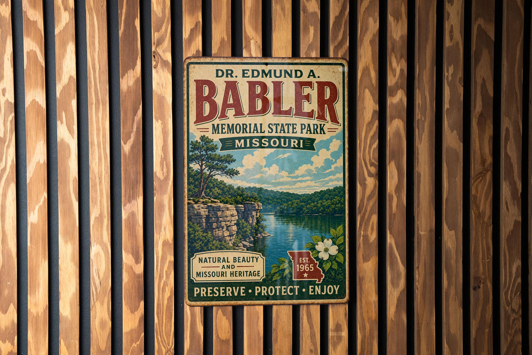 A vintage metal sign for Dr. Edmund A. Babler Memorial State Park in Missouri, featuring a scenic landscape with a lake and mountains.