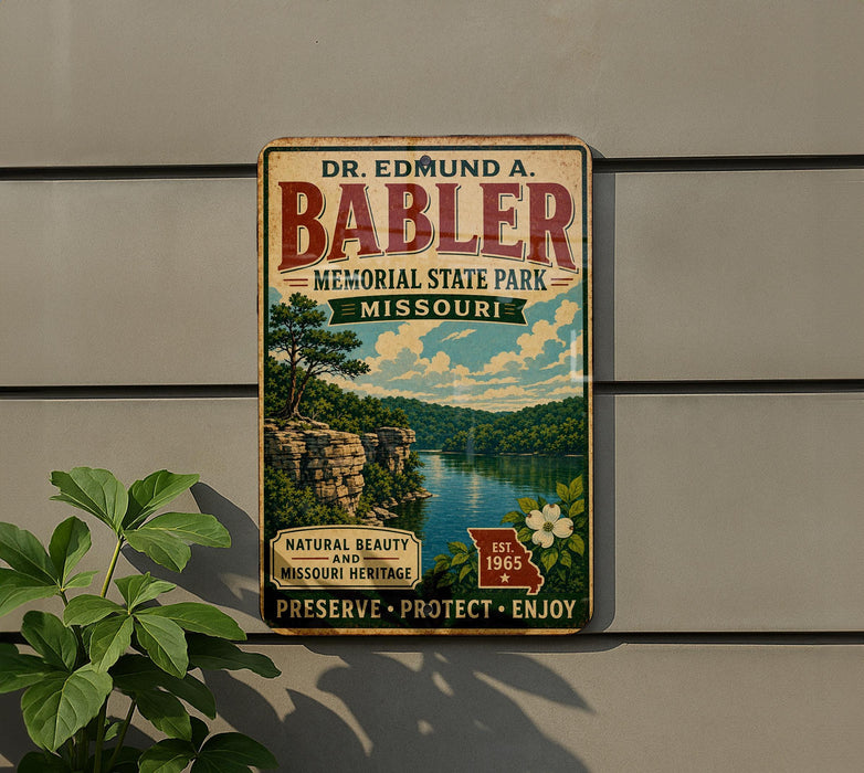 a vintage-style metal sign for Dr. Edmund A. Babler Memorial State Park in Missouri, with a scenic landscape of a river and trees.