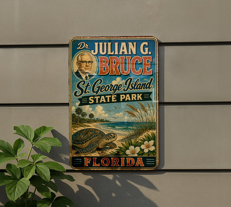 A vintage-style metal sign for St. George Island State Park in Florida, featuring a portrait of a man and an illustration of a turtle and beach scene.