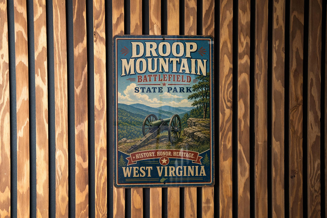A vintage metal sign for Droop Mountain Battlefield State Park in West Virginia, featuring a cannon and a scenic mountain landscape.