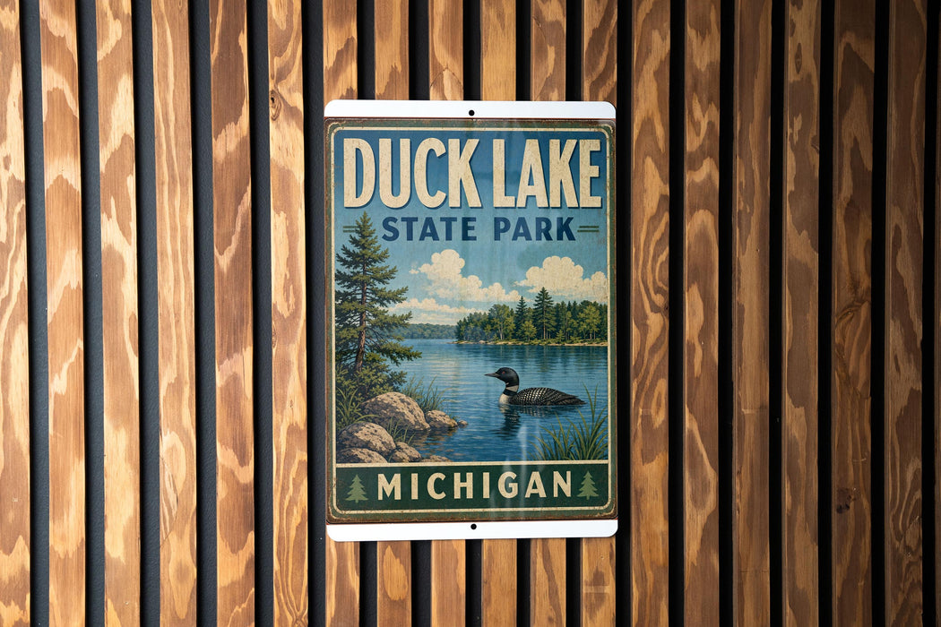 A vintage-style sign for Duck Lake State Park in Michigan, featuring a lake scene with a loon and trees, mounted on a wooden wall.