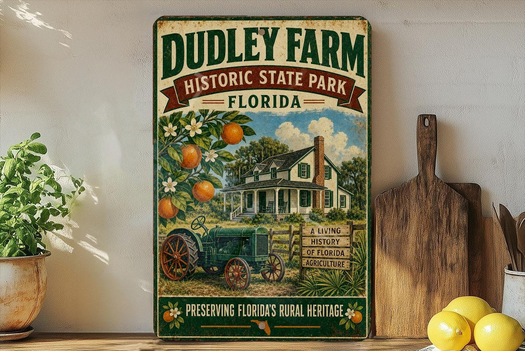 A vintage-style metal sign for Dudley Farm Historic State Park in Florida, featuring an illustration of a farmhouse surrounded by orange trees and a tractor.