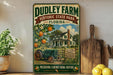 A vintage-style metal sign for Dudley Farm Historic State Park in Florida, featuring an illustration of a farmhouse surrounded by orange trees and a tractor.