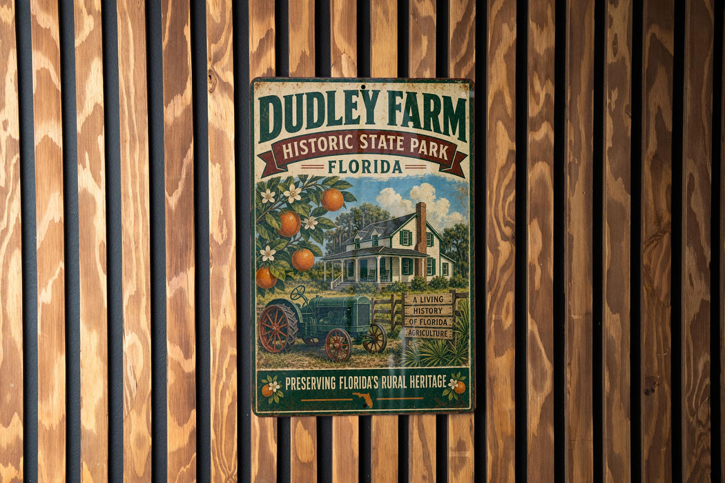 A vintage metal sign for Dudley Farm Historic State Park in Florida, featuring an illustration of a farm scene with a tractor and orange trees.