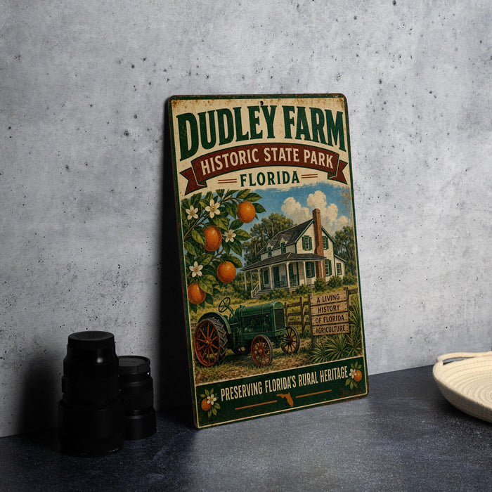 A vintage metal sign for Dudley Farm Historic State Park, Florida, featuring an illustration of a farm scene with a tractor and orange trees.