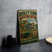 A vintage metal sign for Dudley Farm Historic State Park, Florida, featuring an illustration of a farm scene with a tractor and orange trees.