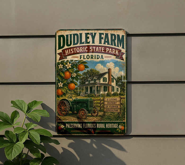 A vintage-style sign for Dudley Farm Historic State Park in Florida, featuring an illustration of a farm scene with a tractor and orange trees.