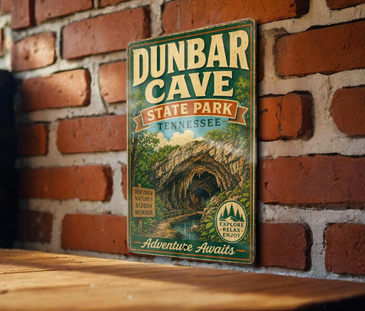 A vintage-style sign for Dunbar Cave State Park in Tennessee, featuring a cave illustration and the text "Adventures Await".