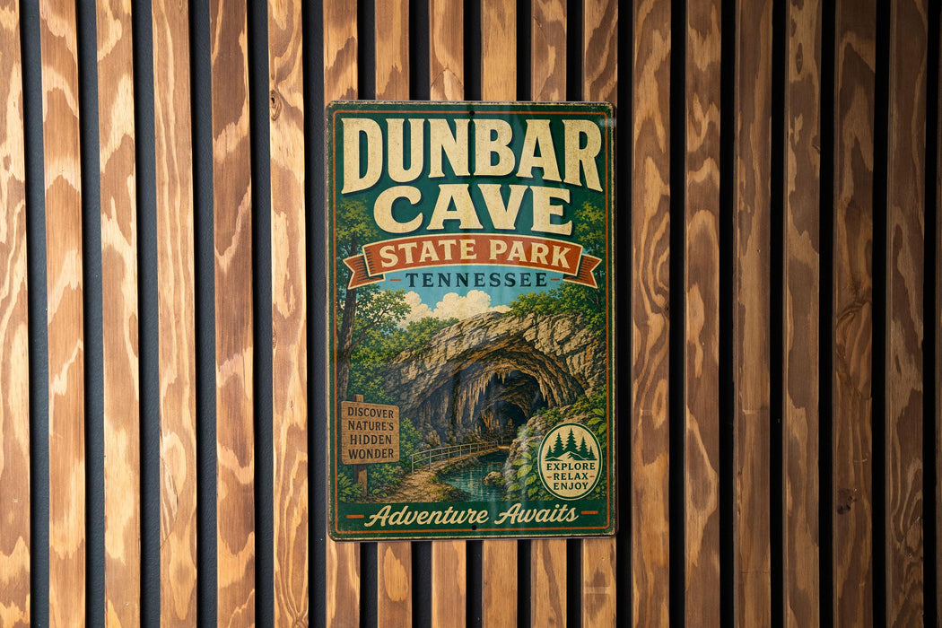 A vintage-style metal sign for Dunbar Cave State Park in Tennessee, featuring a cave illustration and the text "DUNBAR CAVE STATE PARK TENNESSEE" and "ADVENTURE AVENUES".