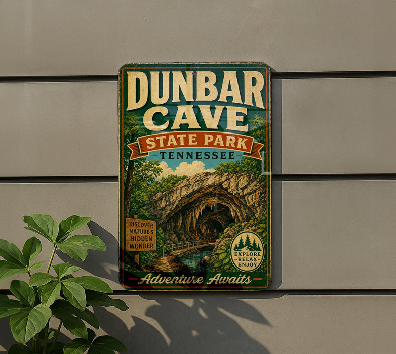A vintage-style metal sign for Dunbar Cave State Park in Tennessee, featuring a scenic illustration of the cave and the words "Adventure Awaits".