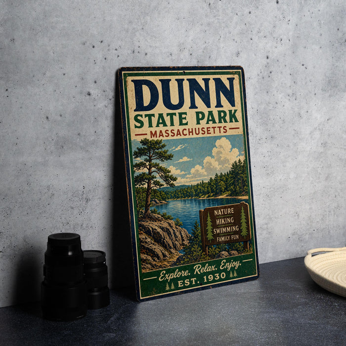 A vintage metal sign for Dunn State Park in Massachusetts, featuring a scenic landscape with a lake and pine trees.