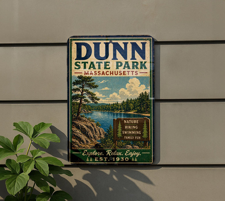 A vintage metal sign for Dunn State Park in Massachusetts, featuring a scenic landscape with a lake, pine trees, and mountains.