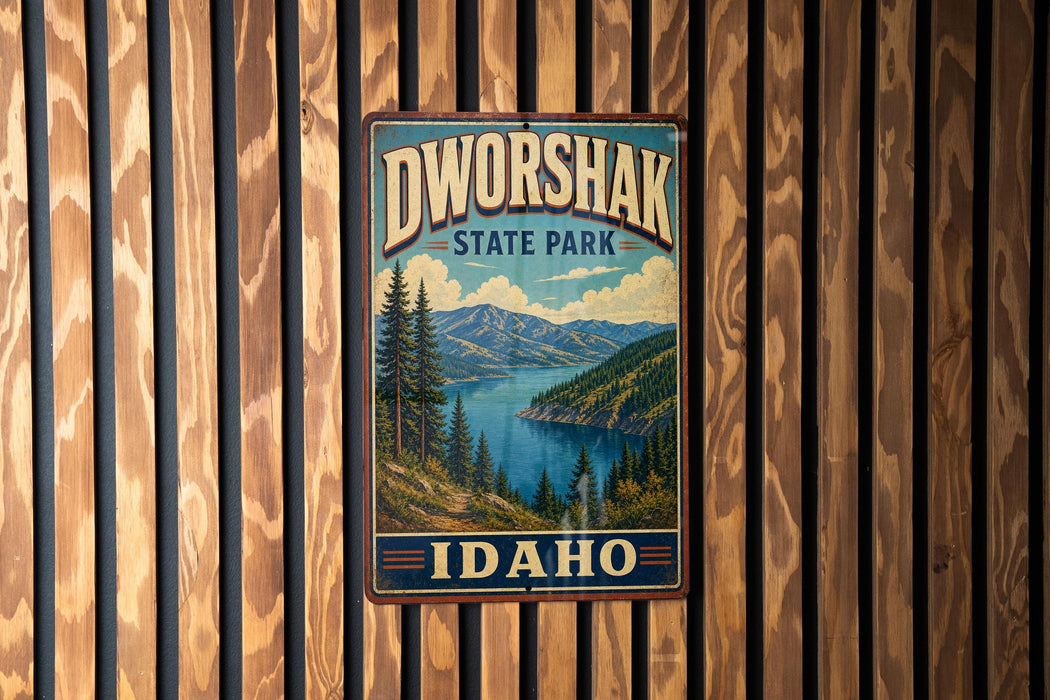 A vintage metal sign for Dworshak State Park in Idaho, featuring a scenic landscape with mountains, pine trees, and a lake.