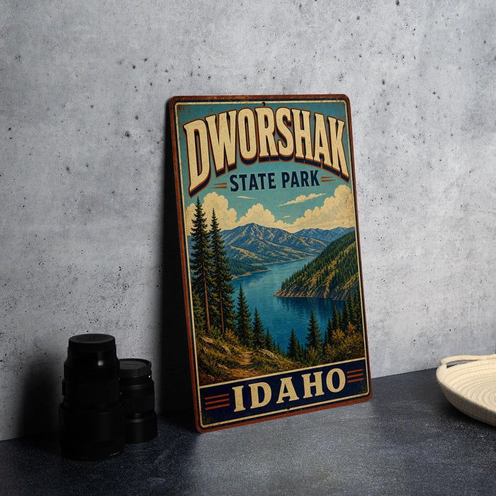 A vintage-style metal sign for Dworshak State Park in Idaho, featuring a scenic landscape with mountains, pine trees, and a lake.