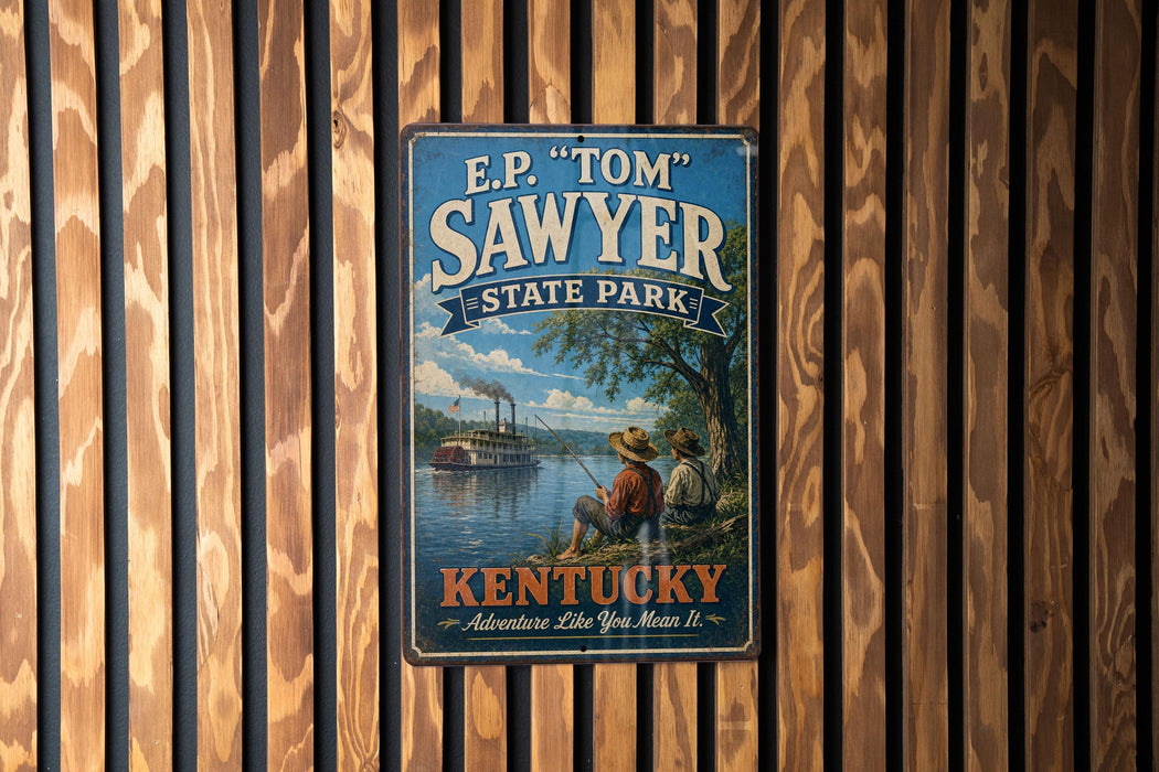 A vintage-style sign for E.P. "Tom" Sawyer State Park in Kentucky, featuring a scenic illustration of a river and two people fishing.