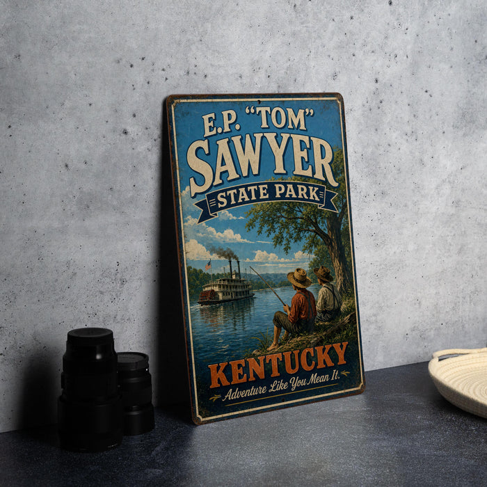 A vintage-style metal sign for E.P. Sawyer State Park in Kentucky, featuring a river scene with a steamboat and two figures sitting on a bench.