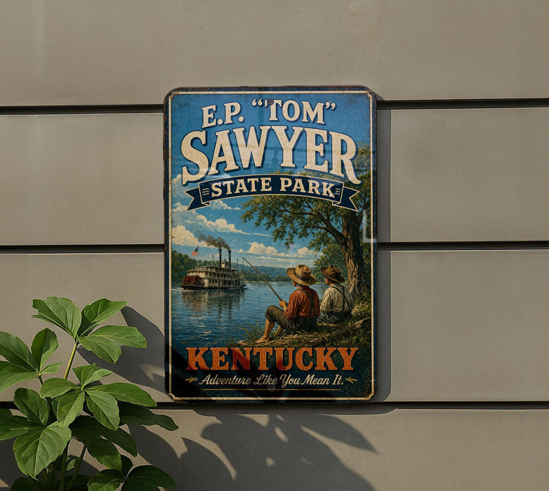 A vintage-style sign for E.P. Sawyer State Park in Kentucky, featuring two men fishing in a river with a steamboat in the background.