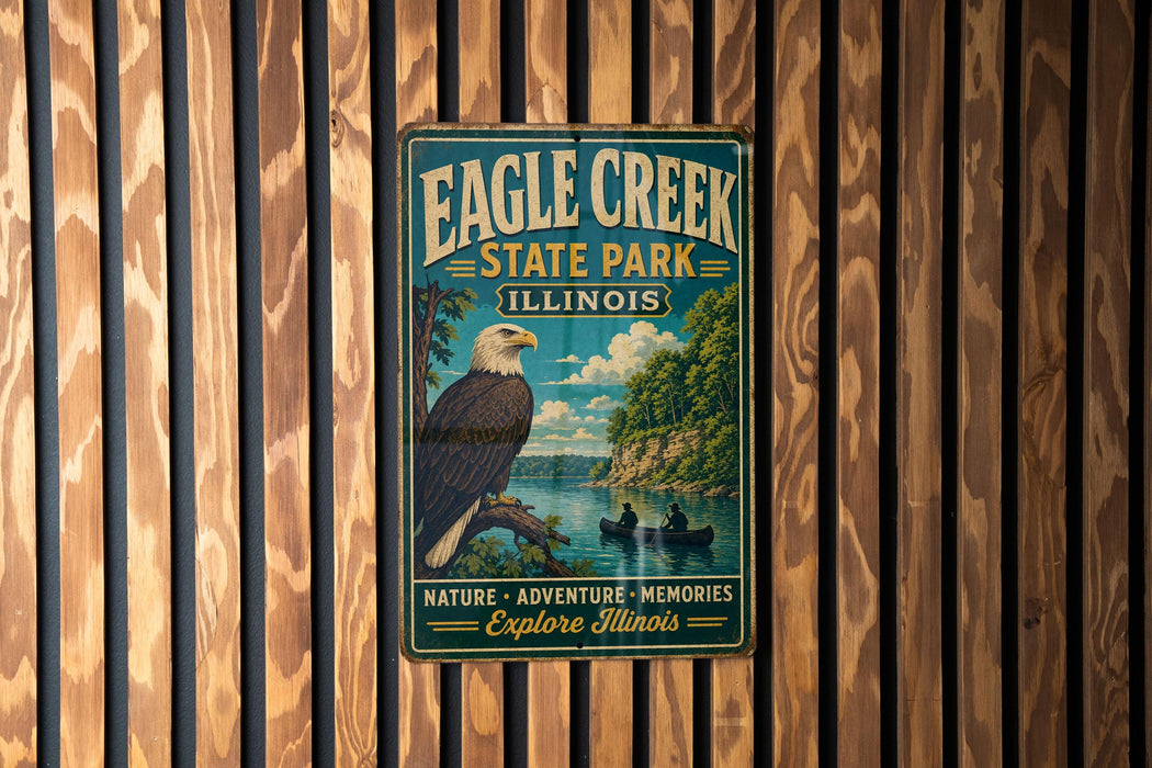 A vintage-style metal sign for Eagle Creek State Park in Illinois, featuring an eagle and a scenic landscape.