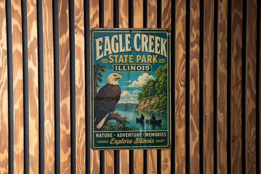 A vintage-style metal sign for Eagle Creek State Park in Illinois, featuring an eagle and a scenic landscape.